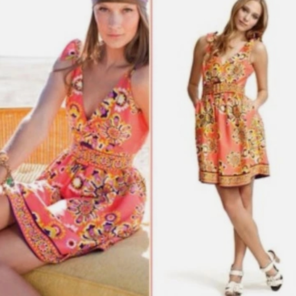 Trina Turk 100% Silk Orange Coral Troubadour Medallion Belt Dress Women's Size 0